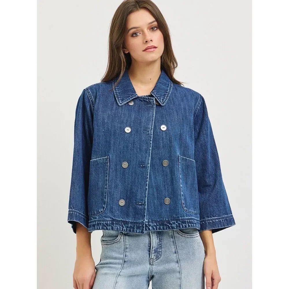 RISEN Double-Breasted Cropped Jean Boxy Dark Rinse Denim Jacket - Blue